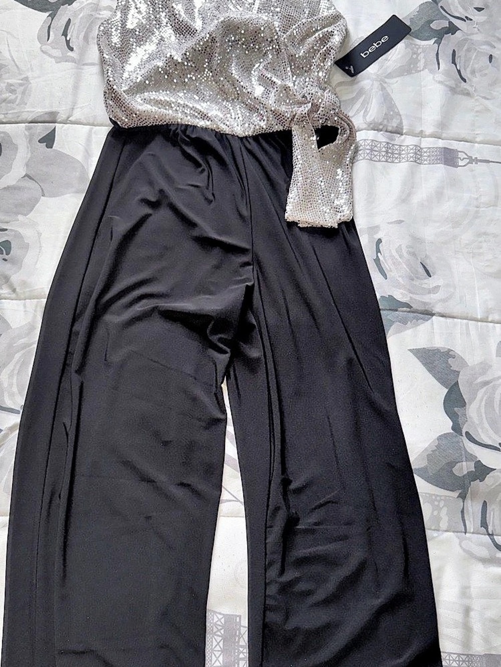 bebe Sequin Wrap Tie Jumpsuit Silver & Black XS